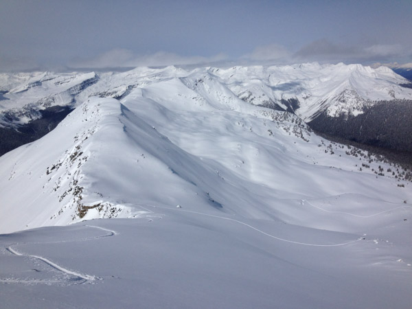 Looking down a ridge line in the backcountry of the Canadian Rockies surrounding the Mallard Mountain Lodge