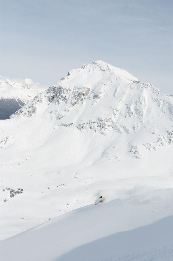 solo skier in powder in the Canadian Rockies at the Mallard Mountain Lodge in BC Canada