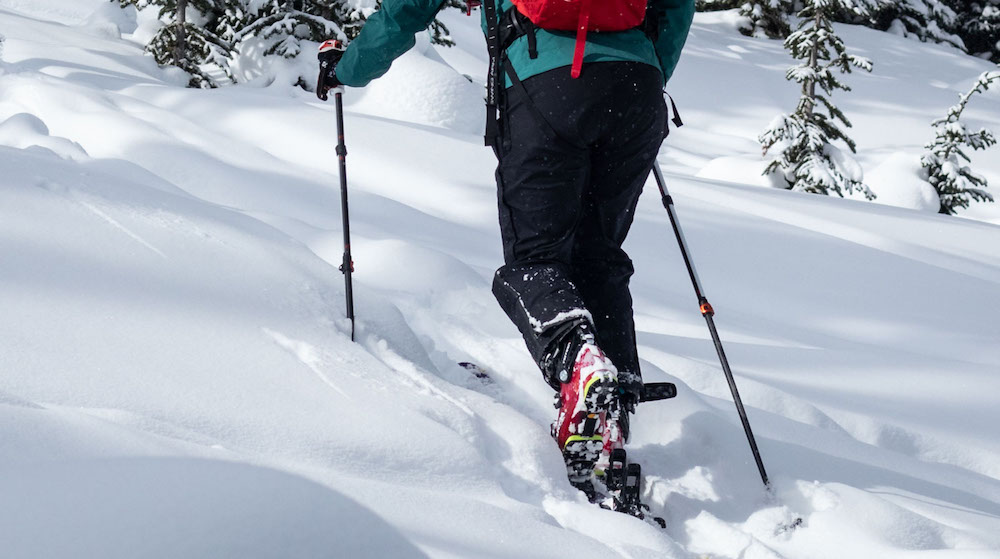 close up of ski touring boot in walk mode