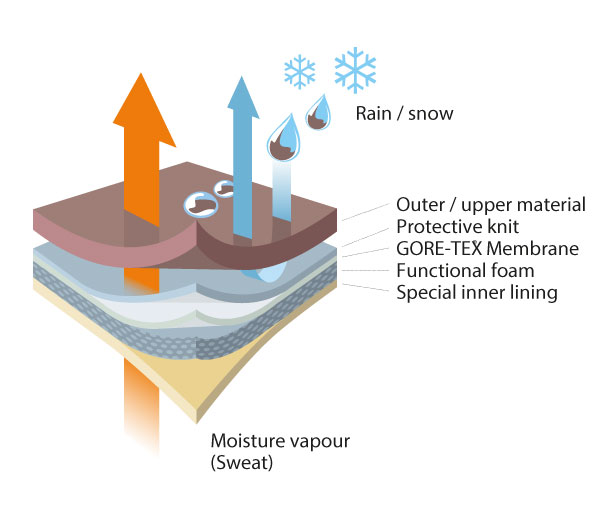 diagram showing sweat vapour escaping through layers