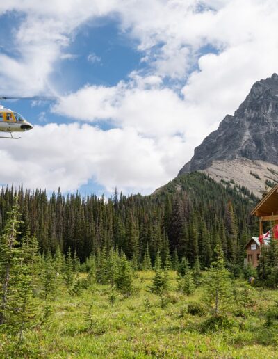 helicopter landing at backcountry lodge